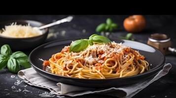 gustoso appetitoso classico italiano spaghetti pasta con pomodoro salsa, formaggio parmigiano e basilico su piatto su buio tavolo. generativo ai foto