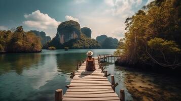viaggiatore donna gioia rilassante su legna ponte nel bellissimo destinazione isola, phang-nga baia, avventura stile di vita viaggio Tailandia, turismo natura paesaggio Asia, turista su estate vacanza, generativo ai foto