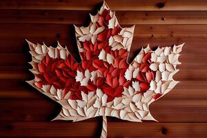 meraviglioso canadese bandiera fatto su di vero acero le foglie su un' cedro sostegno. generativo ai foto