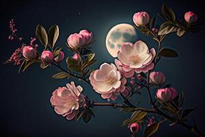 romantico notte scena, bellissimo rosa fiore fiorire nel notte cieli con pieno Luna. generativo ai foto
