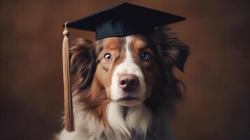 ai generato carino rosso bianca cane confine collie alunno nel accademico berretto con Marrone nappa sparviere studia e formazione scolastica concetto generativo ai foto