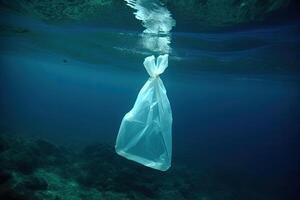 plastica rifiuto sott'acqua, un' plastica Borsa nel il mare. inquinamento concetto. generativo ai foto