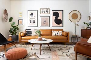mezzo secolo moderno vivente camera con abbronzatura pelle divano, geometrico tappeto e arte stampe. generativo ai foto