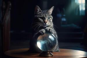 un' fortuna cassiere gatto con un' Magia cristallo sfera. generativo ai foto