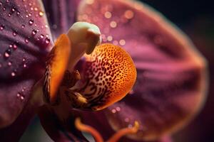 un orchidea nel pieno fioritura con acqua gocce su petali. un' Impressionante macro tiro di un' orchidea. generativo ai foto