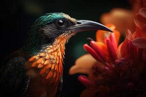 colorato tropicale uccello e bellissimo surreale fiori. generativo ai foto