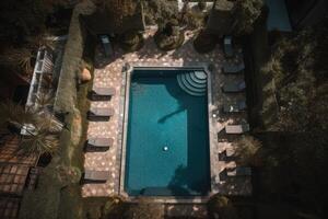 vuoto nuoto piscina. moderno piscina superiore Visualizza. estate vacanza nel lusso resort concetto. generativo ai foto