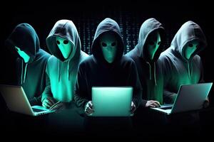 pirateria e il malware concetto. gli hacker siamo utilizzando il computer portatile con digitale interfaccia. generativo ai foto