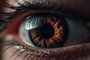 vicino su Marrone di un' umano occhio. un' macro di un' Multi colorato occhio. generativo ai foto