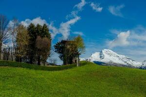 collina nel primavera con neve capped montagne foto