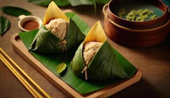 zongzi riso gnocco per Cinese tradizionale Drago barca Festival Duanwu Festival. ai generato. foto