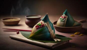 zongzi riso gnocco per Cinese tradizionale Drago barca Festival Duanwu Festival. ai generato. foto