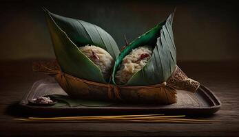 zongzi. riso gnocco per Cinese tradizionale Drago barca Festival Duanwu Festival. ai generato. foto