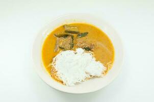riso vermicelli mangiato con speziato carne curry su bianca sfondo, cibo thailandese stile foto