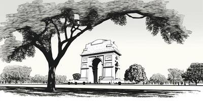 illustrazione di India cancello nel nuovo delhi su astratto bandiera tricolore sfondo. ai generato. foto