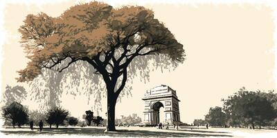 illustrazione di India cancello nel nuovo delhi su astratto bandiera tricolore sfondo. ai generato. foto