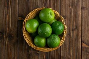 Limes nel il cestino con copia spazio su di legno sfondo. foto