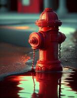 rosso fuoco idrante nel il allagato strada, creato con generativo ai foto