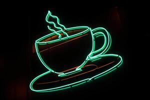 caffè tazza neon cartello nel bar. ai generato foto