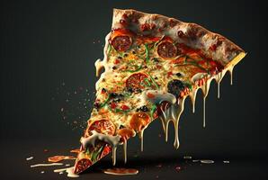 fetta di delizioso Pizza su buio sfondo. generativo ai foto