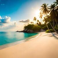 tropicale spiaggia Visualizza con alcuni Noce di cocco alberi ai generato foto