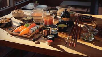 tavolo pieno di Sushi e bastoncini ai generato foto