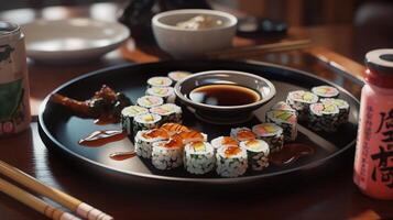 tavolo pieno di Sushi e bastoncini ai generato foto