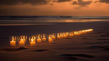 luci sparpagliato su un' spiaggia ai generato foto
