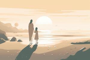 La madre di giorno illustrazione con un' minimalista stile quello vetrine un' madre e bambino godendo un' tranquillo, calmo giorno a il spiaggia. morbido, smorzato toni. generativo ai foto