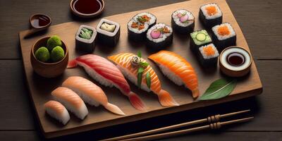 il giapponese Sushi impostato su il legna piatto con ai generato. foto
