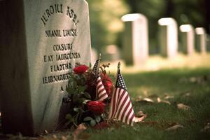 memoriale giorno foto con americano bandiere nel il cimitero. generativo ai