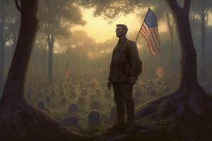 memoriale giorno illustrazione. design con americano bandiere, soldati e lapidi con generativo ai foto