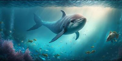 il delfino è nuoto nel il subacqueo mare con ai generato. foto