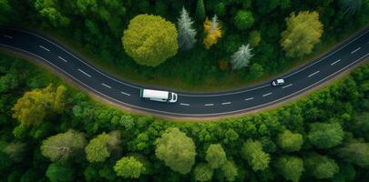 il aereo superiore Visualizza di strada tra il foresta con ai generato. foto