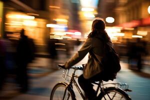 foto di un' persona equitazione un' bicicletta nel il città folla sotto il luci a notte nel il città, e tra il folle di le persone. generativo ai.