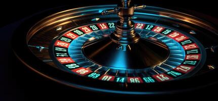 roulette ruota con blu sfondo e luci, casinò foto. generativo ai foto