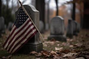 memoriale giorno foto con americano bandiere nel il cimitero. generativo ai