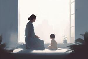 minimalista La madre di giorno illustrazione quello raffigura un' madre e bambino nel un' tranquillo, calmo interno ambientazione. morbido, smorzato toni. generativo ai foto