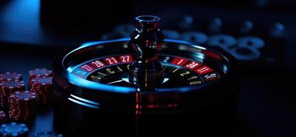 roulette ruota con blu sfondo e luci, casinò foto. generativo ai foto