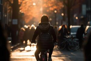 foto di un' persona equitazione un' bicicletta nel il città folla sotto il luci a notte nel il città, e tra il folle di le persone. generativo ai.