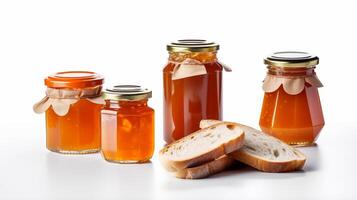 albicocca marmellata con affettato pane barattoli su bianca sfondo con generativo ai foto