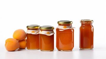 albicocca marmellata con affettato pane barattoli su bianca sfondo con generativo ai foto