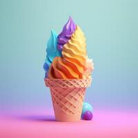 ghiaccio crema cono con geometrico oggetti nel estate concetto nel trend colore tavolozza per pubblicità con generativo ai foto