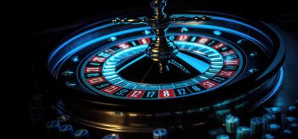 roulette ruota con blu sfondo e luci, casinò foto. generativo ai foto