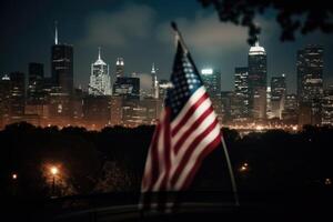 foto di americano bandiera nel davanti di bokeh effetto di paesaggio urbano nel sfondo. generativo ai