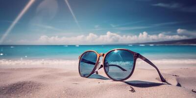 occhiali da sole su il spiaggia ai generato foto