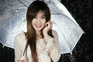contento Cinese ragazza con pioggia gocce e trasparente ombrello foto
