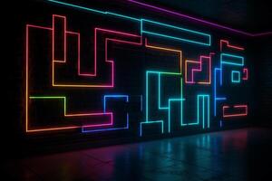 un' buio camera con neon luci e un' mattone parete, neon parete sfondo foto