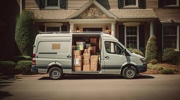 furgone pieno di scatole e mobilia vicino un' Casa all'aperto. concetto di in movimento per un' nuovo casa e consegna, generativo ai foto