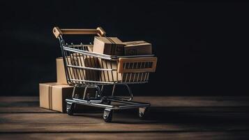 ai generativo e-commerce concetto. shopping carrello con scatole su un' di legno tavolo. foto